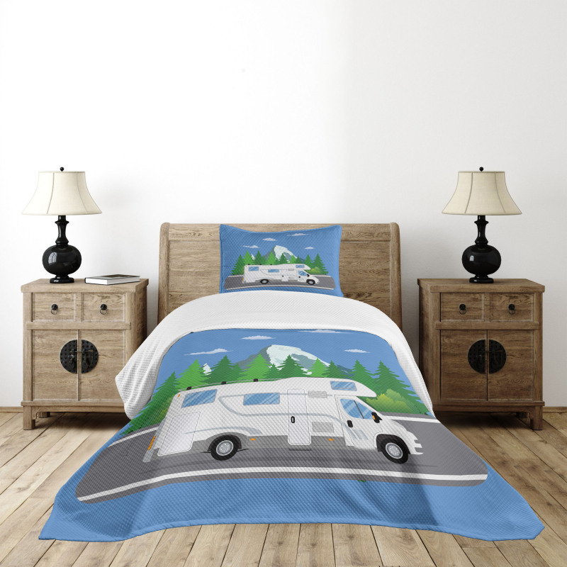 Retro Trailer on Road Forest Bedspread Set