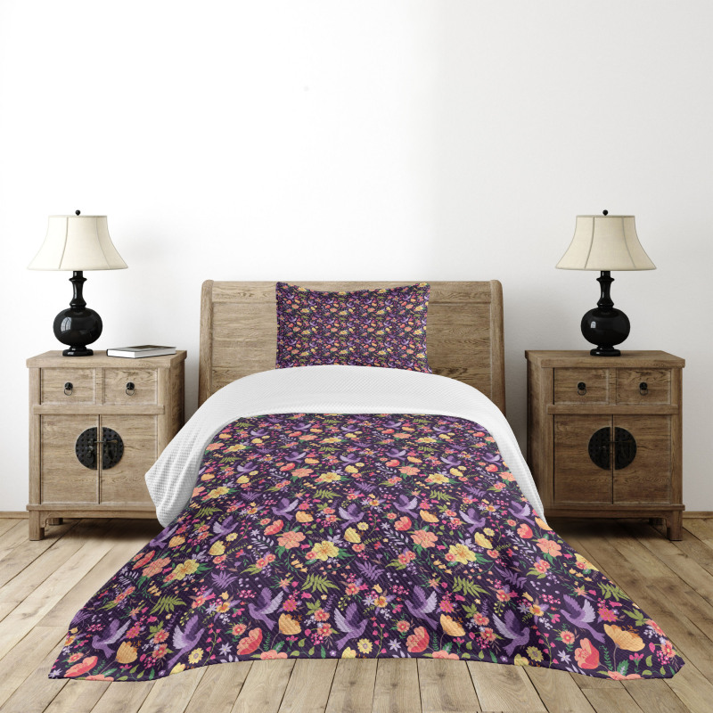 Birds and Colorful Flowers Bedspread Set