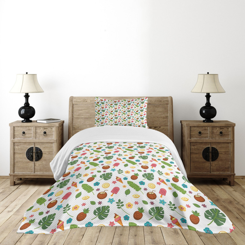 Ice Cream and Exotic Leaves Bedspread Set