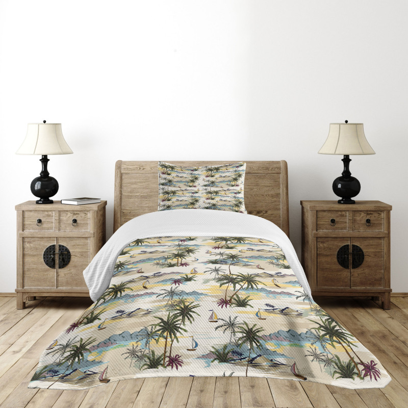 Pastel Hawaii Island Scene Bedspread Set