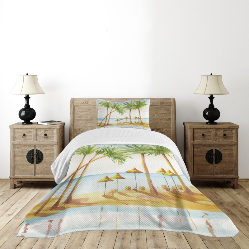 Sandy Beach and Palm Trees Bedspread Set