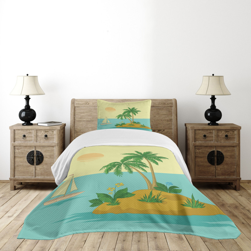 Tropical Palm Tree and Boat Bedspread Set