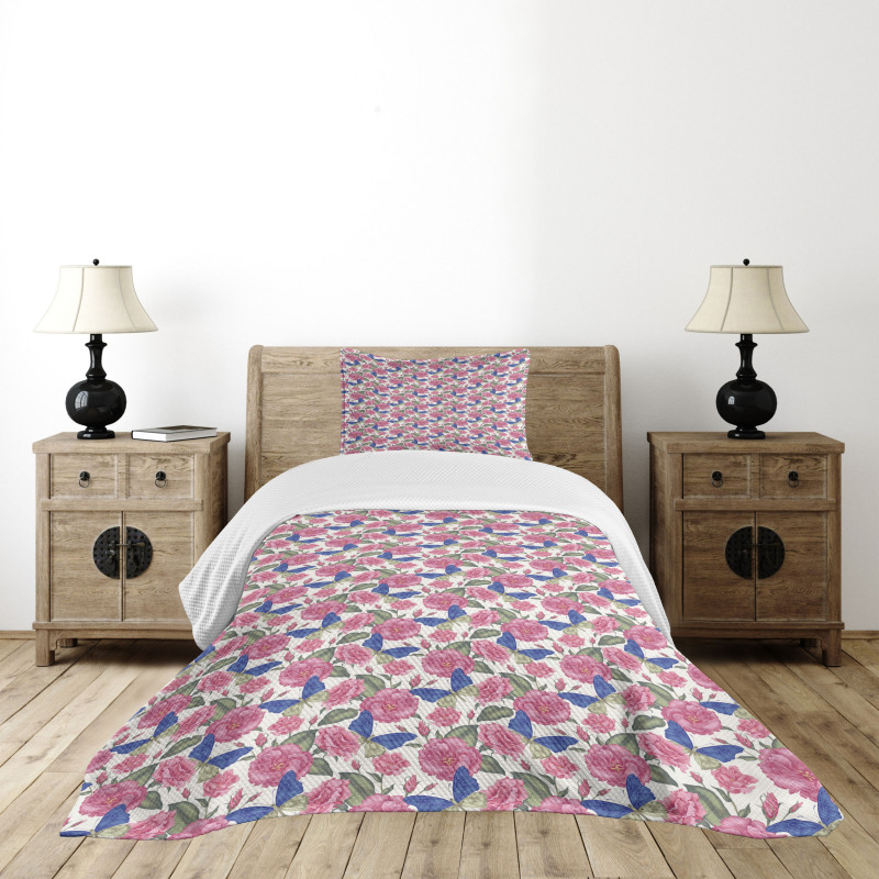 Butterflies Pink Flowers Bedspread Set