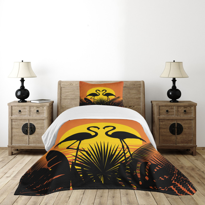 Sunset Flamingo Leaves Bedspread Set