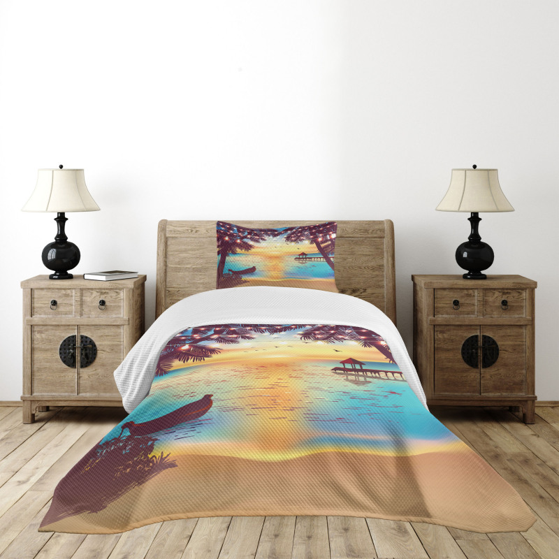 Calm Coast with Boat and Pier Bedspread Set