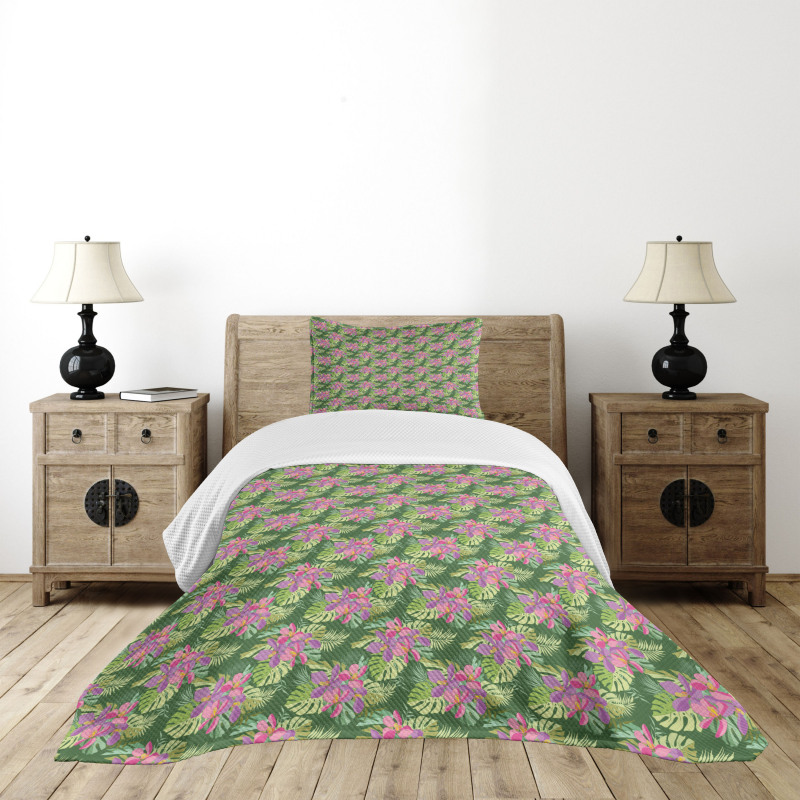 Tropical Flowers Palm Leaf Bedspread Set