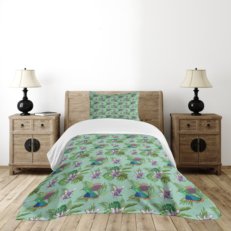 Hummingbird Monstera Leaves Bedspread Set