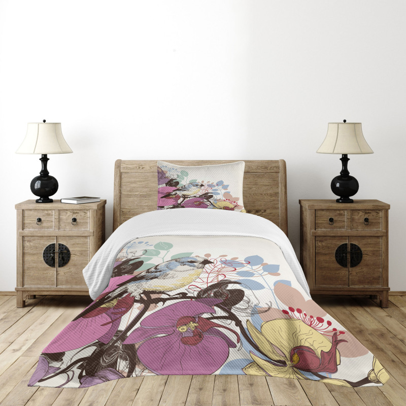 Bird Perched on Flowers Bedspread Set