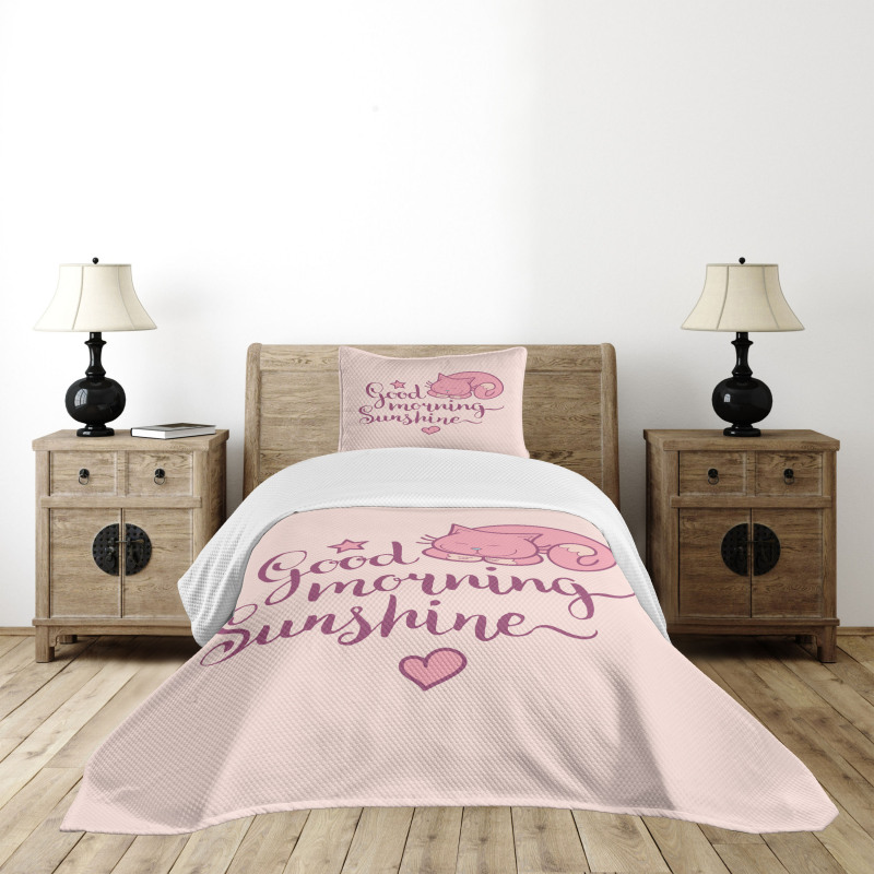 Sleeping Pink Cat and Text Bedspread Set