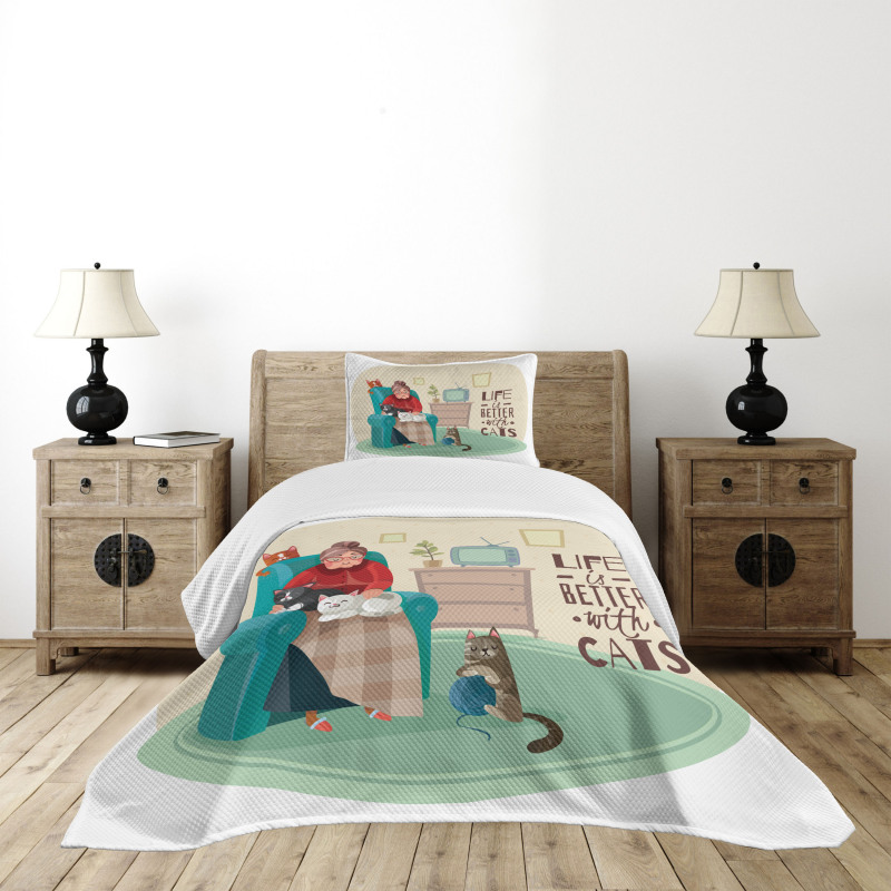 Lady in Armchair and Kitten Bedspread Set