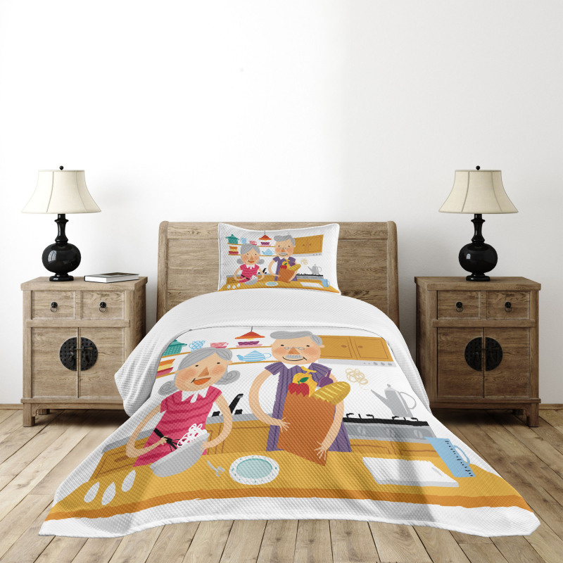 Elderly Couple in Kitchen Bedspread Set