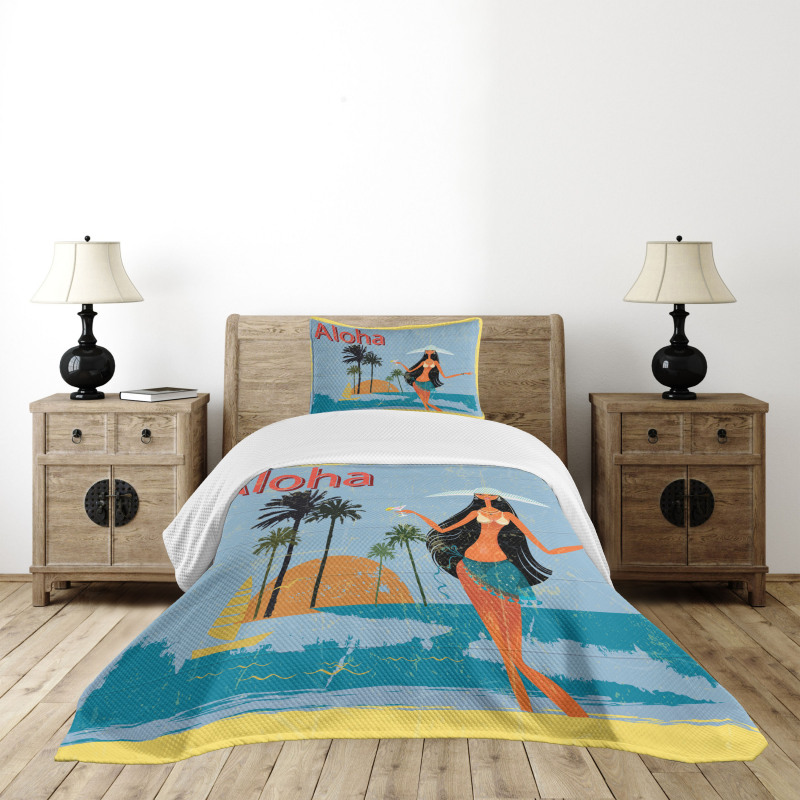 Brunette Hair Hawaiian Lady Bedspread Set