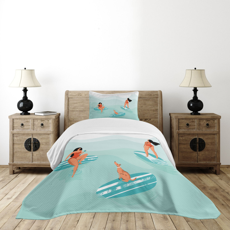 Surfing Girls with a Dog Bedspread Set