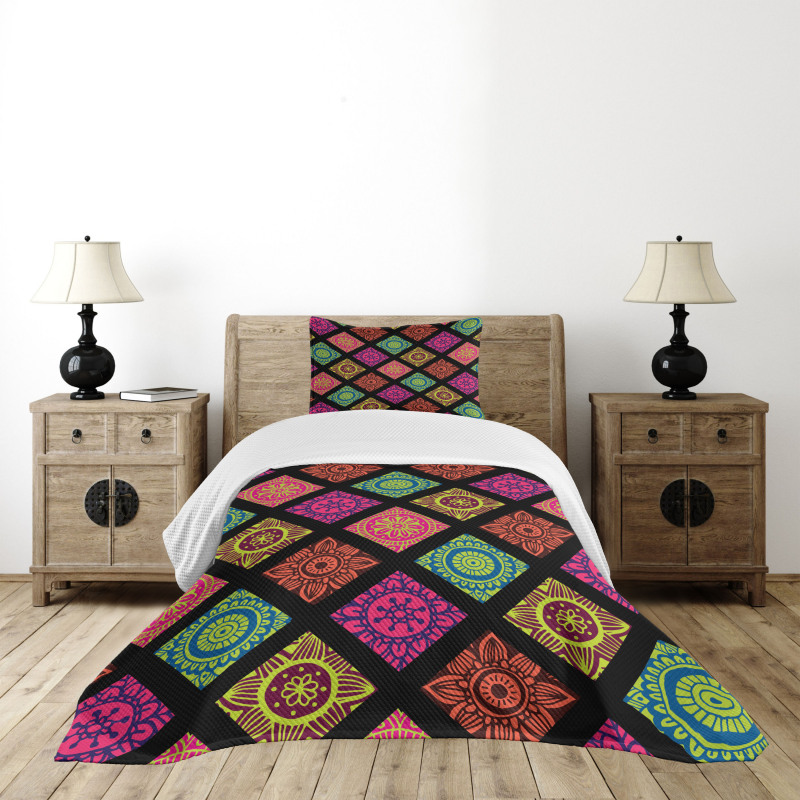 Flower Mandala Tile Colorful Bedspread Set