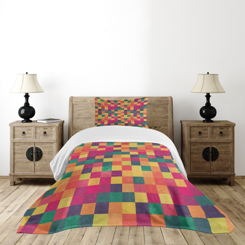 Vintage Colorful Squares Bedspread Set