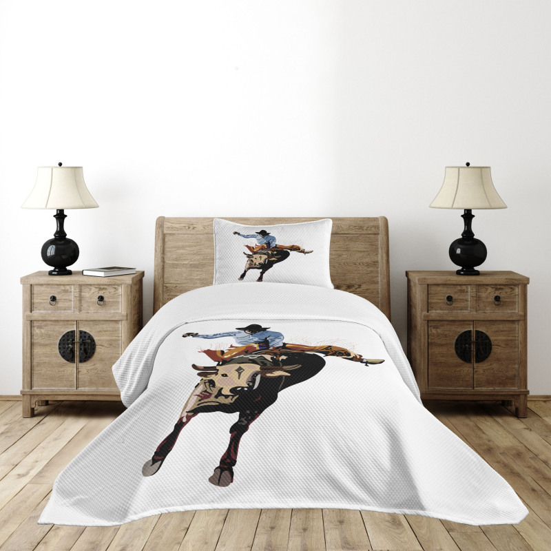 Cowboy Bucking Bull Western Bedspread Set