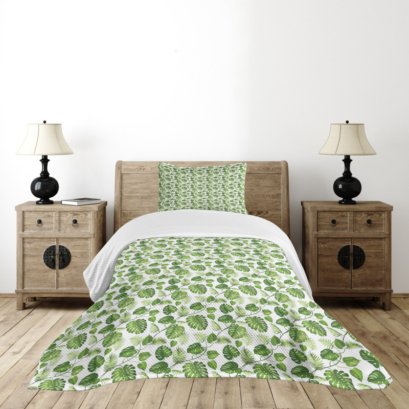 Monstera and Fern Foliage Bedspread Set