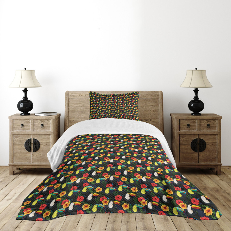 Toucan Birds Hibiscus Leaves Bedspread Set