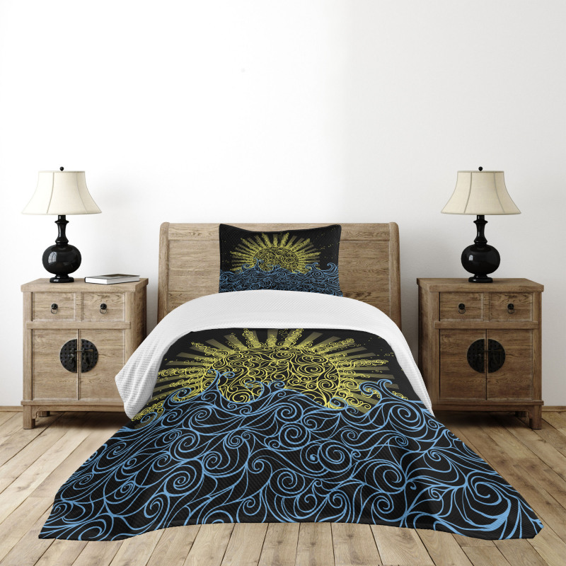 Wavy Ocean Summer Sky Motif Bedspread Set