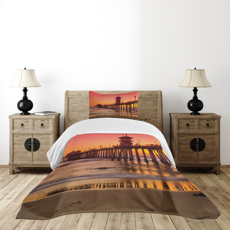 Huntington Beach Pier Sunset Bedspread Set