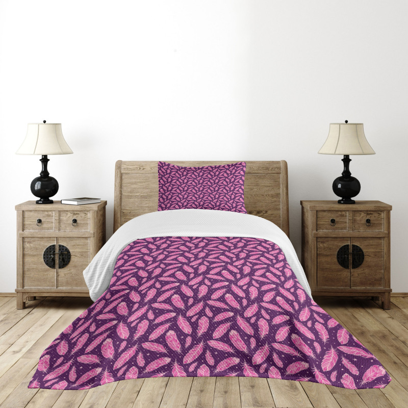 Boho Girlish Feathers Stars Bedspread Set