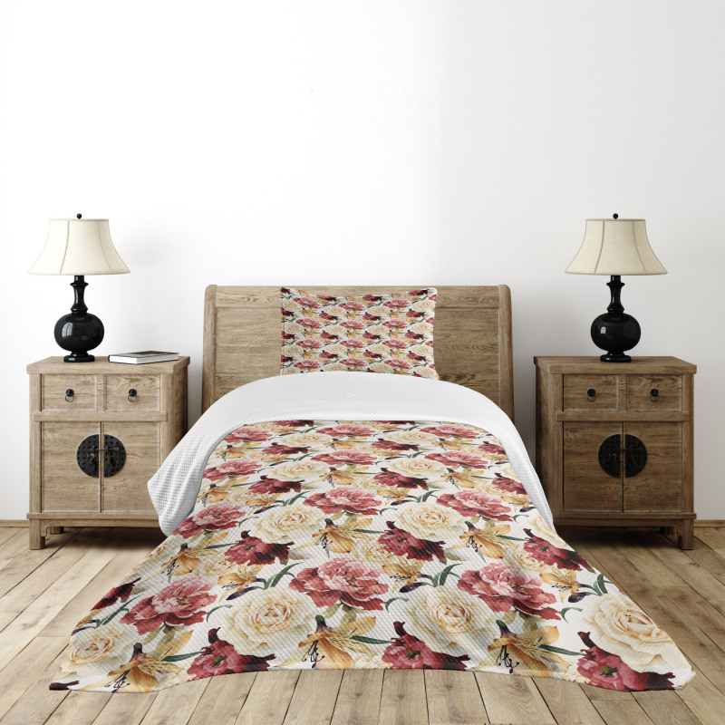 Watercolor Roses Peonies Bedspread Set