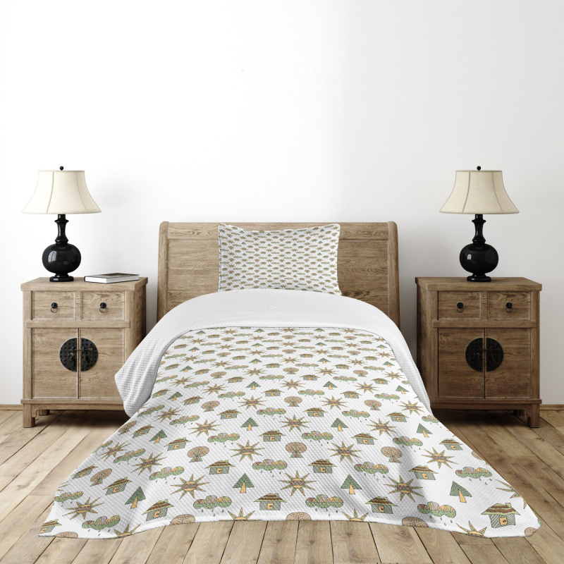 Sun Rain Cloud Trees House Bedspread Set