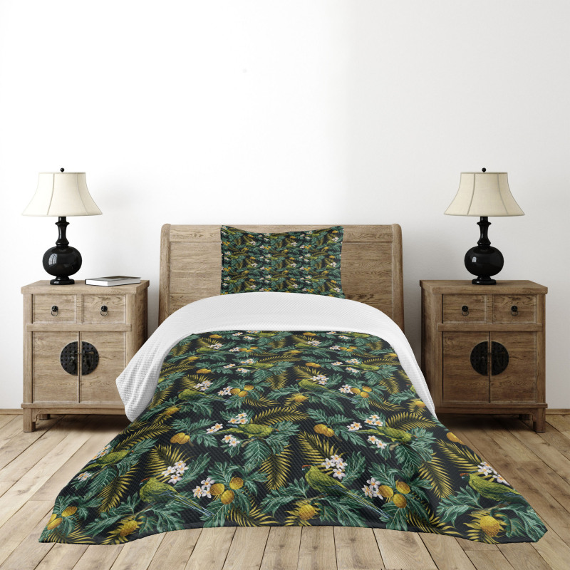 Palm Plumeria and Bird Bedspread Set