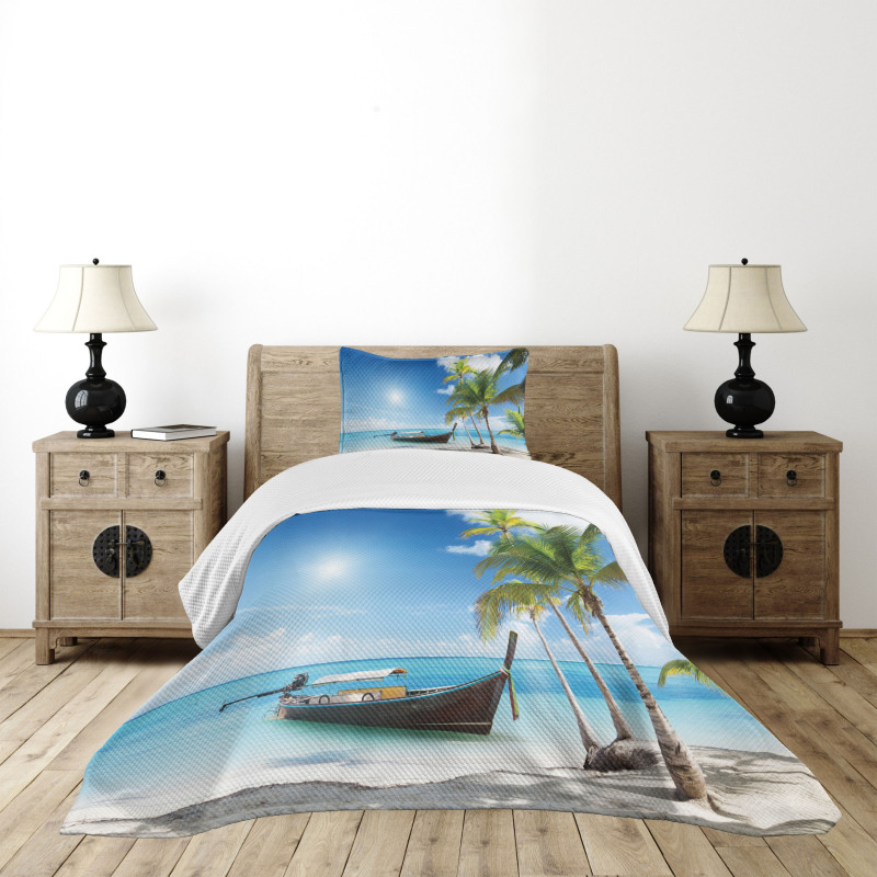 Wooden Boat on Exotic Beach Bedspread Set