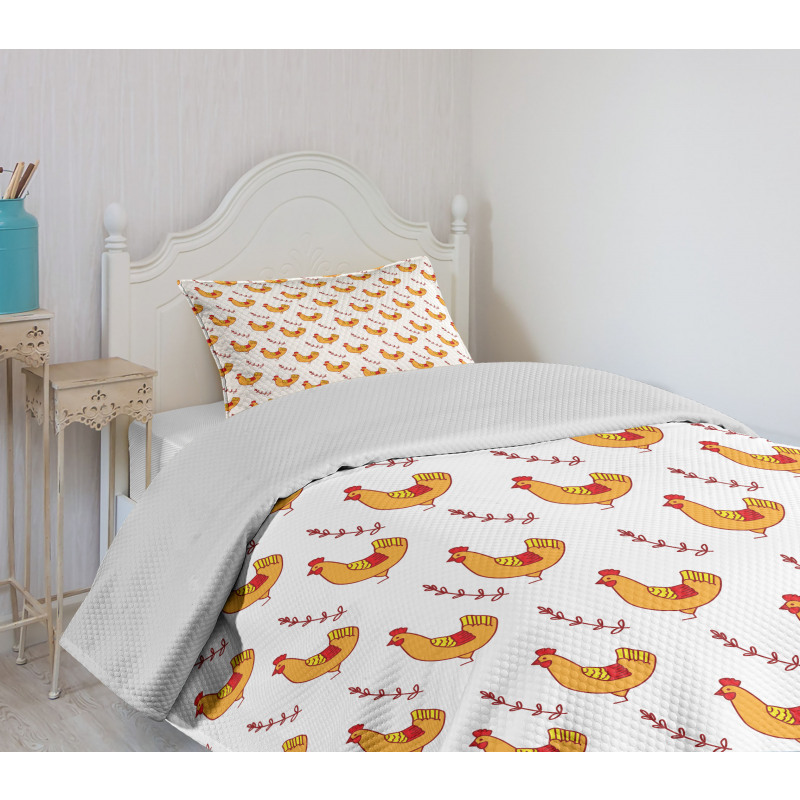 Doodle Chickens and Branches Bedspread Set