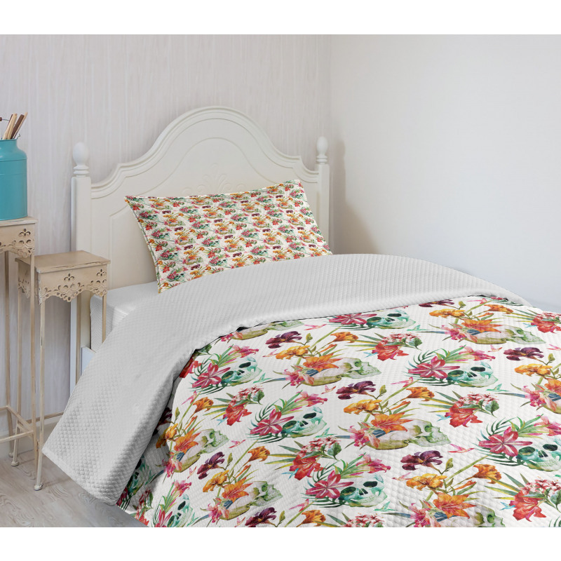 Lilies Blossoms Skull Bedspread Set