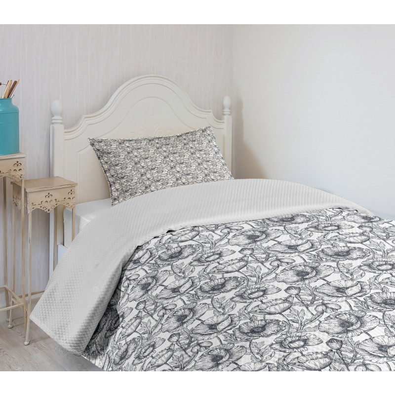 Monochrome Poppy Sketch Art Bedspread Set