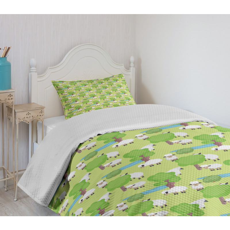 Cartoon Sheep in Forest Bedspread Set