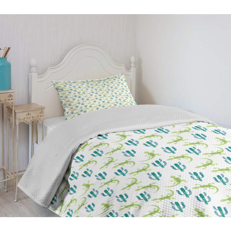 Watercolor Lizards and Cacti Bedspread Set