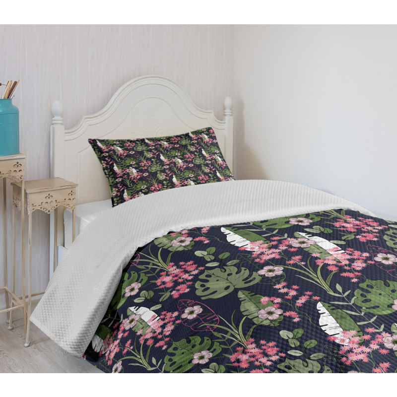 Palm Leaves Flowers Bedspread Set