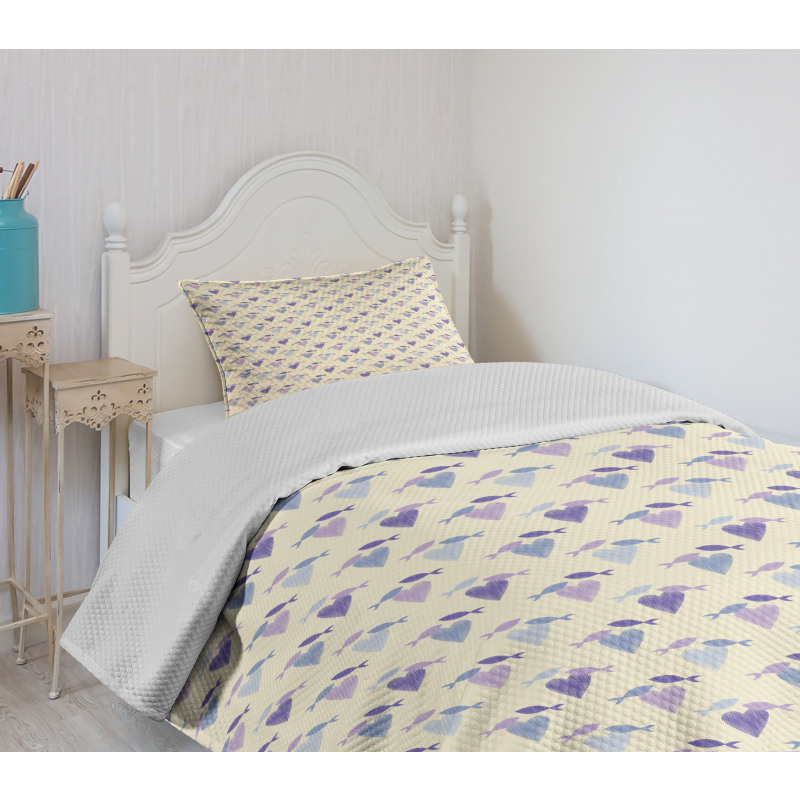 Stripey Hearts and Fish Bedspread Set