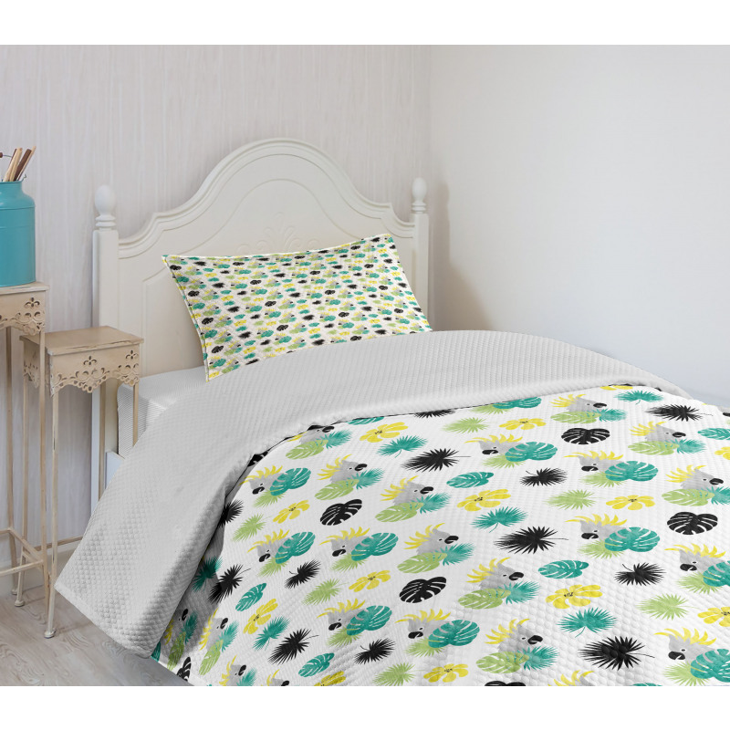 Monstera Leaves Parrots Bedspread Set