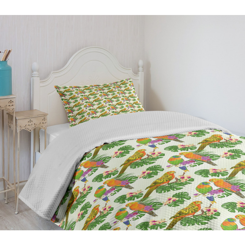 Vivid Floral Parrots Bedspread Set