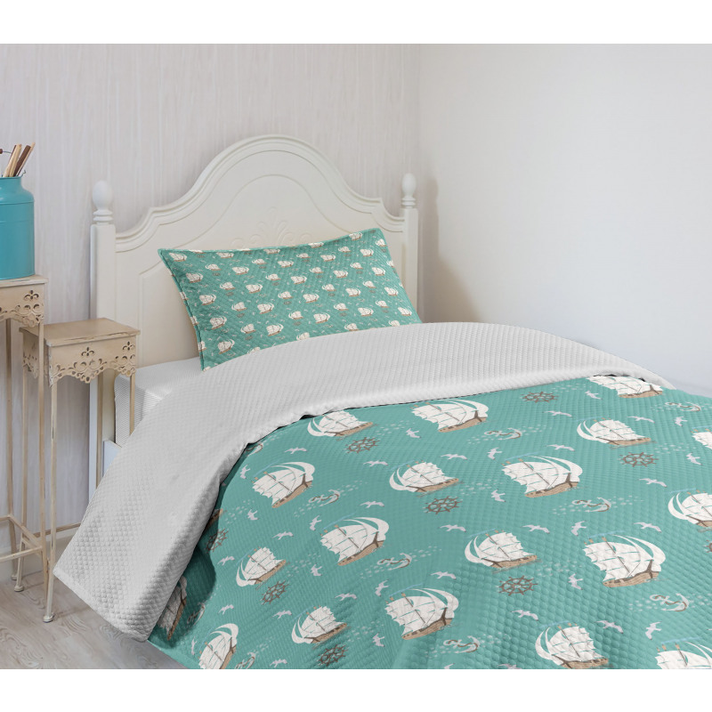 Pirate Ship Anchor Seagulls Bedspread Set