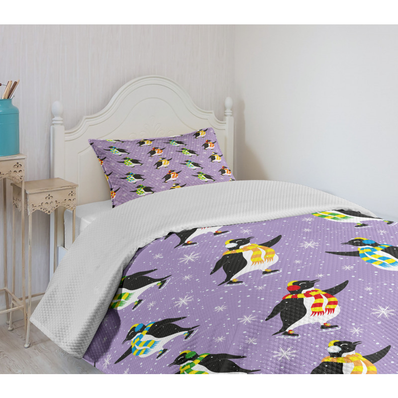 Penguins Skating Snowflakes Bedspread Set