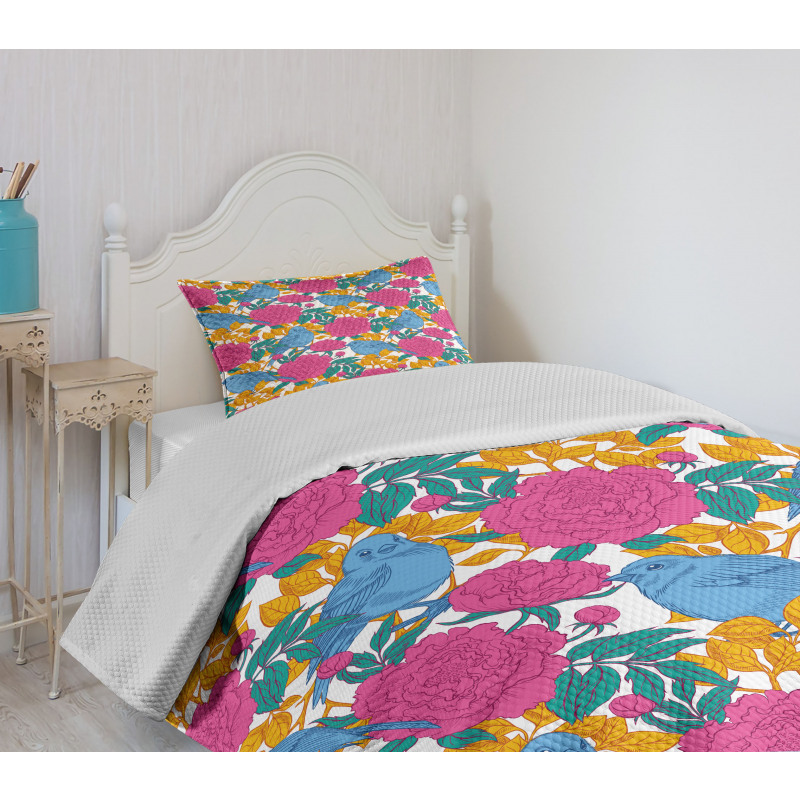 Spring Peony Blossoms Leaves Bedspread Set