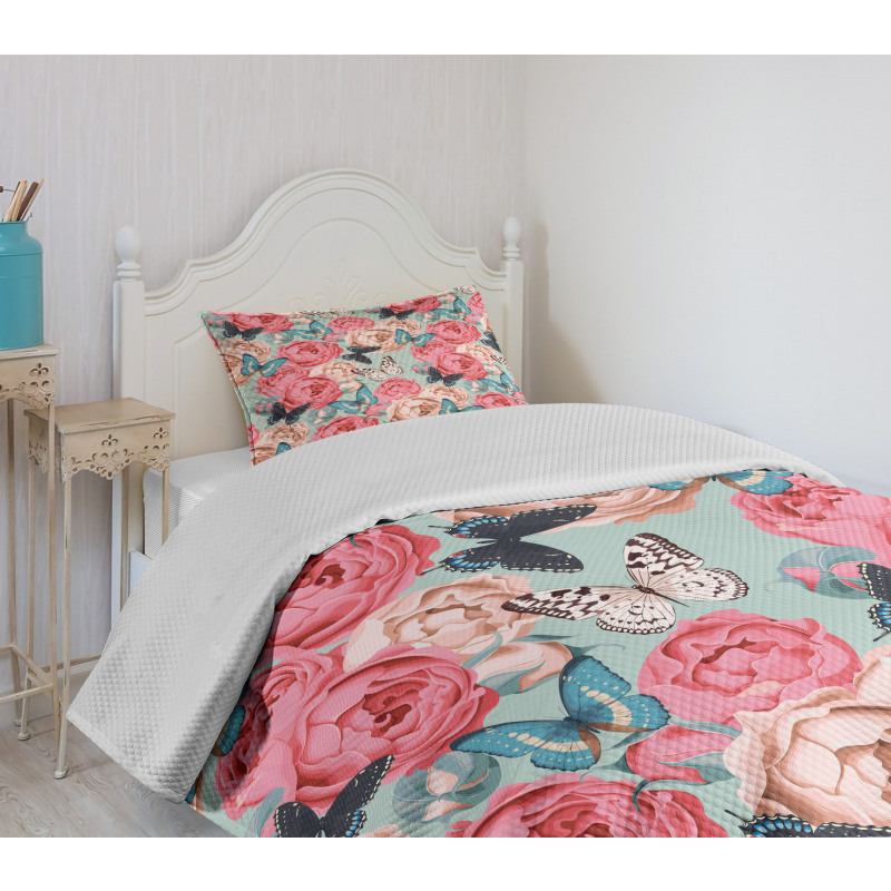 Peony Rose Butterflies Bedspread Set