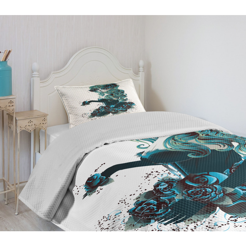 Grunge Skull Girl Roses Bedspread Set