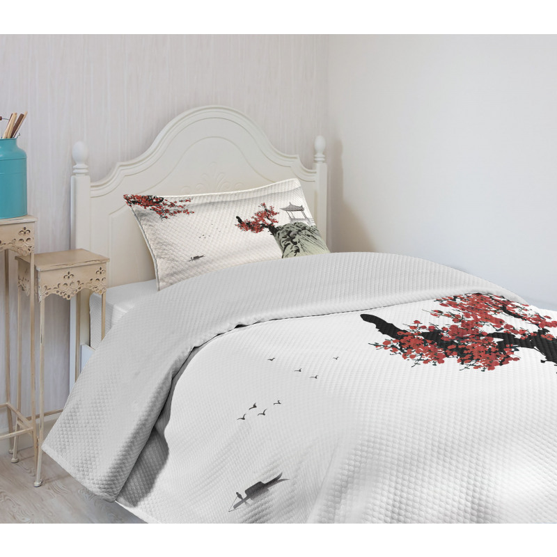 Cherry Blossoms and Boat Bedspread Set