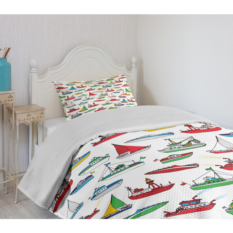 Cartoon Fishing Boats Bedspread Set