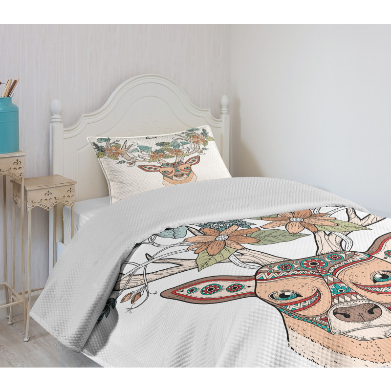 Deer Head Floral Ethnic Bedspread Set