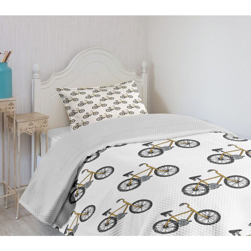 Yellow Bicycle Pattern Bedspread Set