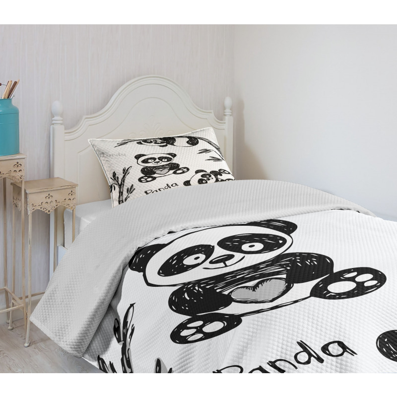 Hand Drawn Panda Poses Bedspread Set