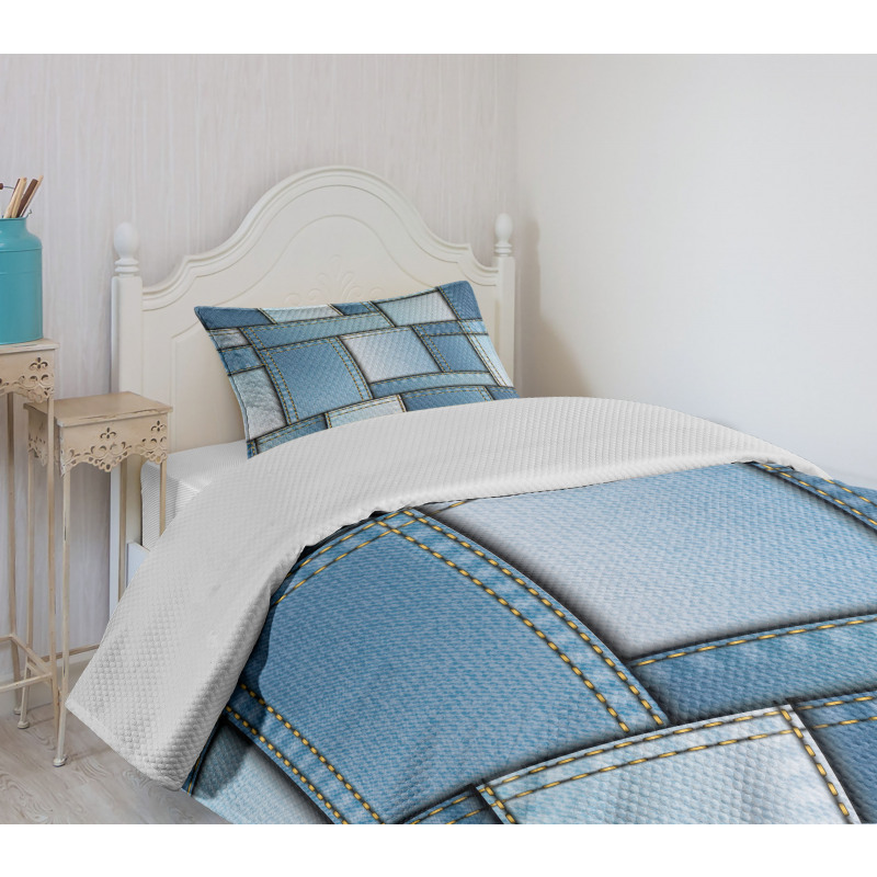 Denim Patchwork Pattern Bedspread Set