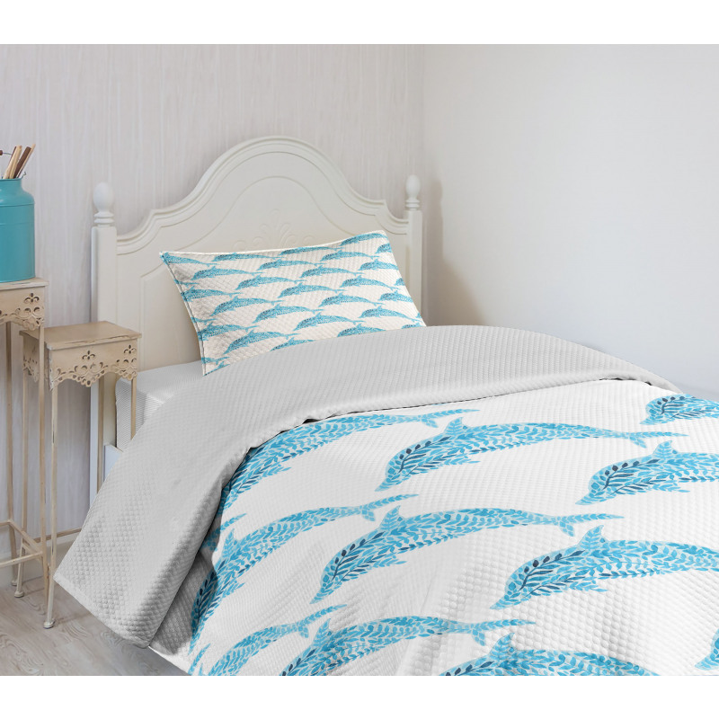 Aqua Dolphins Leaves Bedspread Set